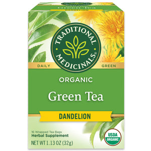 Traditional Medicinals logo. Daily. Green. Organic Green tea Dandelion. 16 Wrapped Tea Bags. Herbal Supplement. NET WT 1.13 OZ (32g) USDA ORGANIC logo