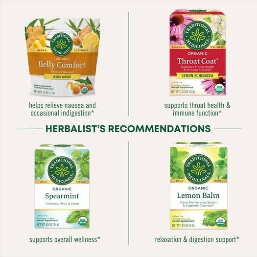 herbalist's recommendations: belly comfort - helps relieve nausea and occasional indigestion. Lemon echinacea suppoerts throat health & immune function. Organic spearmint supports overall well. Lemon bal relaxation & digestion support