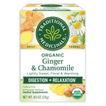 Traditional Medicinals logo. Daily. Herbal. Organic Ginger & Chamomile. Lightly Sweet, Floral & Warming. Digestion + Relaxation. Caffeine Free. 16 Wrapped tea Bags. Herbal Supplement. NET WT .85 OZ (24g). USDA ORGANIC logo