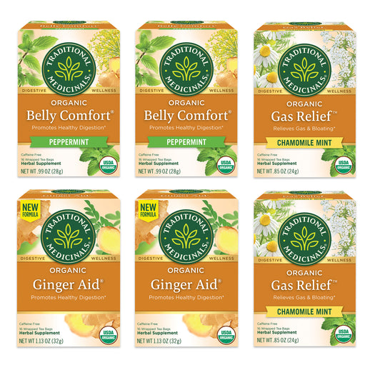 Belly Comfort Peppermint, Gas Relief Chamomile Mint, and Ginger Aid packages