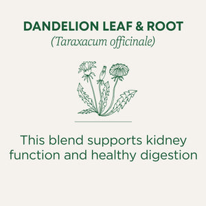Dandelion Leaf & Root (Taraxacum officinale). This blend supports kidney function and healthy digestion.